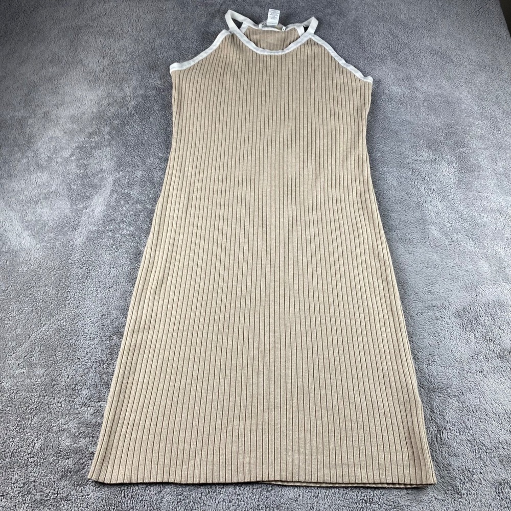 C&C California Dress Womens Medium Beige Ribbed Body Con Knit White Trim